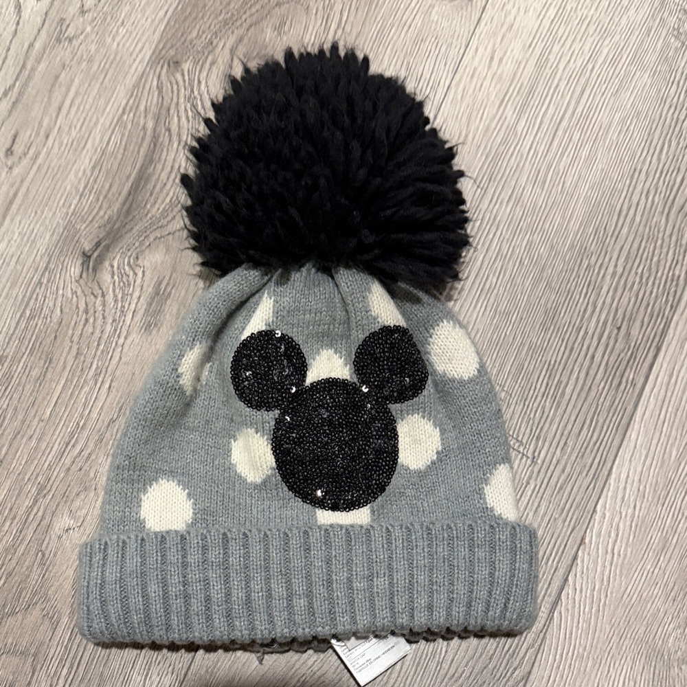 GAP Grey and White Polka Dot Kids Pom Beanie with Black Sequin Mickey